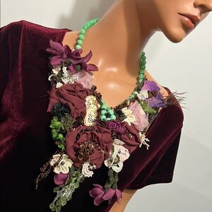 Artistic Floral Necklace Textile Jewelry Bohemian Bib